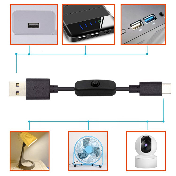 PW-015-TC 1m Type-C Male to USB-A Male USB2.0 Cable with On / Off Power Switch Button for DC5V Desk Lamp Fan Camera