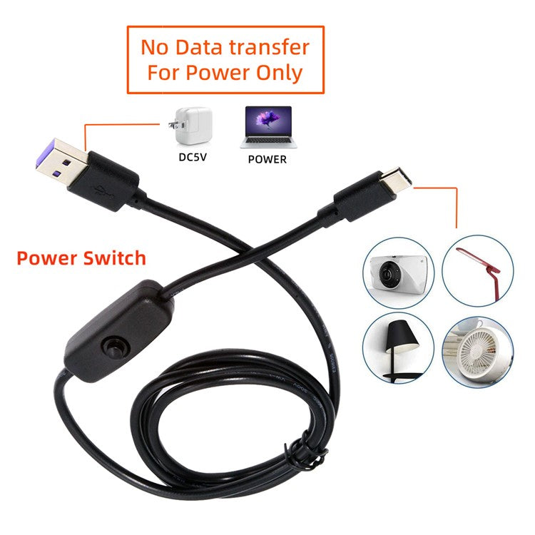 PW-015-TC 1m Type-C Male to USB-A Male USB2.0 Cable with On / Off Power Switch Button for DC5V Desk Lamp Fan Camera