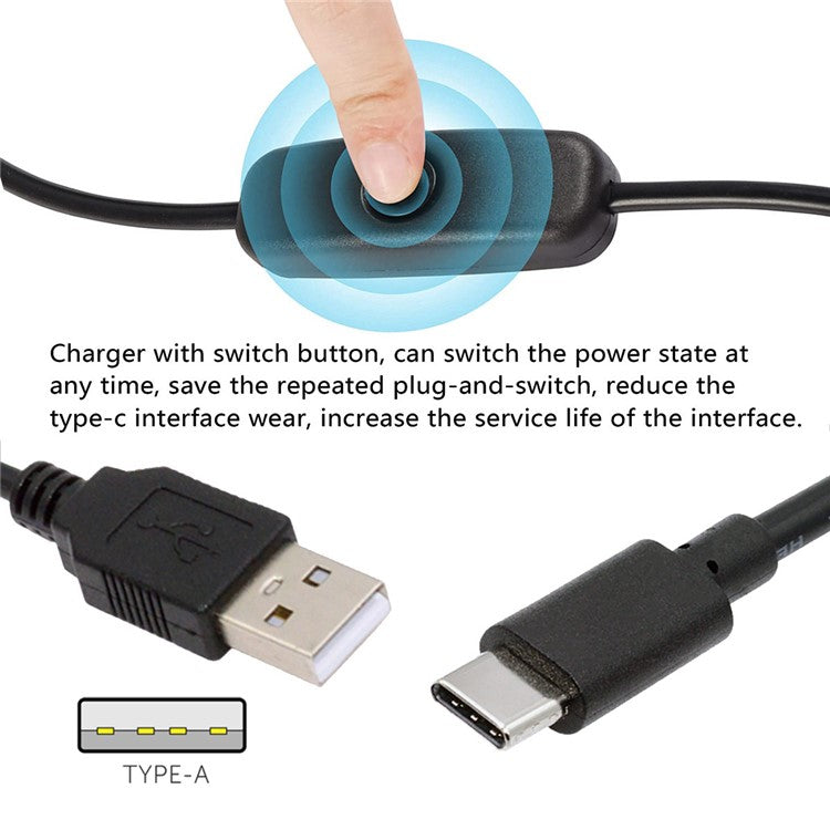 PW-015-TC 1m Type-C Male to USB-A Male USB2.0 Cable with On / Off Power Switch Button for DC5V Desk Lamp Fan Camera
