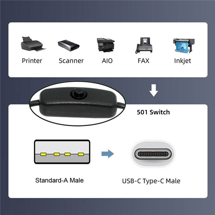 PW-015-TC 1m Type-C Male to USB-A Male USB2.0 Cable with On / Off Power Switch Button for DC5V Desk Lamp Fan Camera