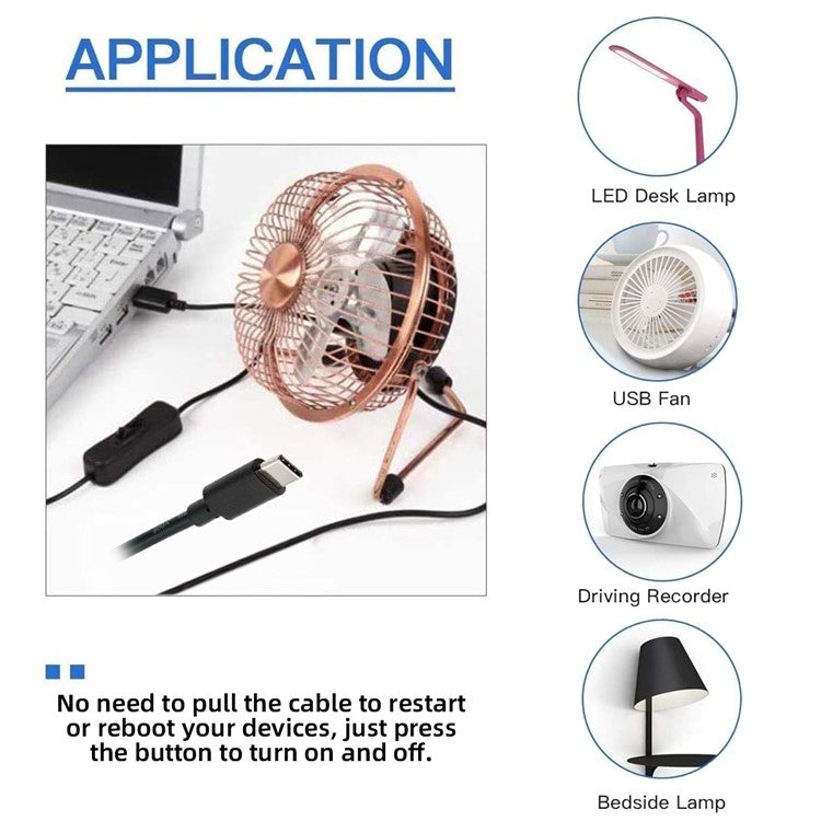 PW-015-TC 1m Type-C Male to USB-A Male USB2.0 Cable with On / Off Power Switch Button for DC5V Desk Lamp Fan Camera