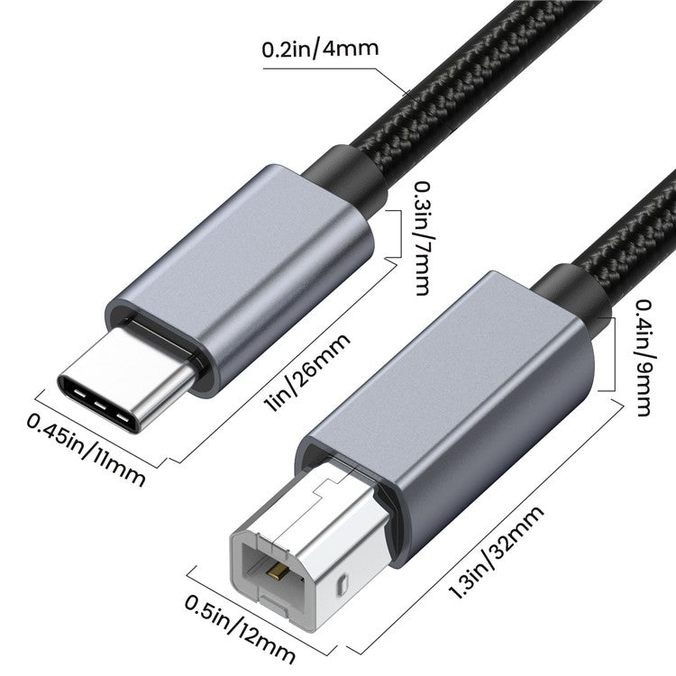 1.8m USB B to USB C Printer Cable Nylon Cord Compatible with MIDI Keyboard DAC DJ Controller