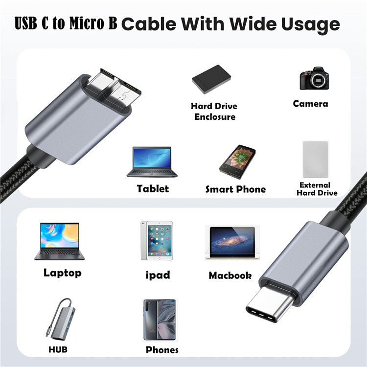 3m USB Type C to Micro B Cable Compatible with Seagate WD Westgate My Passport MacBook Pro / Ipad