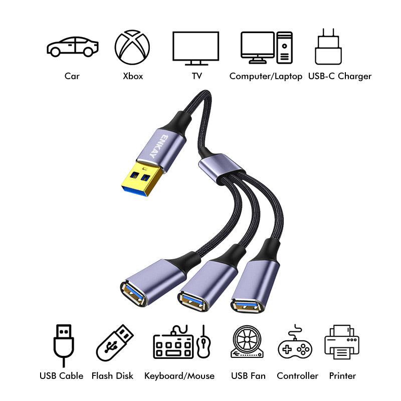 1.2m ENKAY ENK-CB172 USB 2.0 to 3 USB 2.0 Charging Cable OTG Splitter Y Extension Cord - Grey