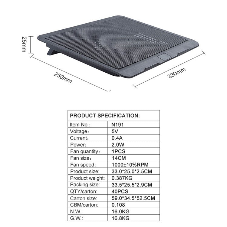 N191 Laptop Cooler Silent Cooling Fan Portable Slim Computer Cooling Pad with Stand USB Powered