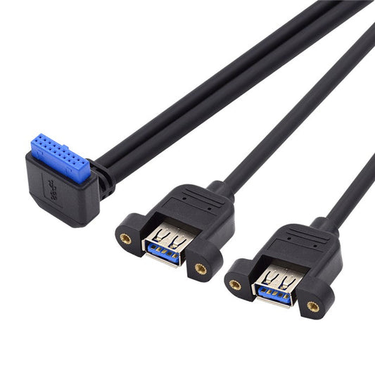 U3-088-DN Down 90 Degree Angled 19Pin 20Pin Male to USB 3.0 Dual Ports Female Cable Screw Mount Type 5Gbps Cord