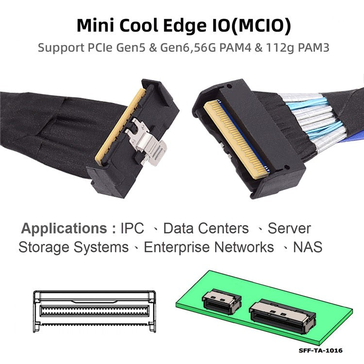 SF-063-UP 35cm PCI-E 5.0 Mini Cool Edge IO MCIO Angled PCI-E Slimline SAS 8i 74Pin Male to MCIO 74Pin Male Extender Cable