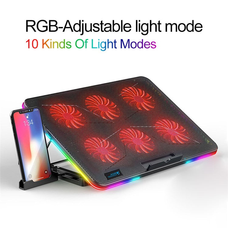 COOLCOLD F5 15.6-inch Laptop Cooling Base RGB Light Height Adjustable Notebook Cooler Stand with 2 USB Ports - Black  /  Red