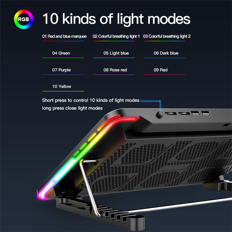 COOLCOLD F5 15.6-inch Laptop Cooling Base RGB Light Height Adjustable Notebook Cooler Stand with 2 USB Ports - Black  /  Blue