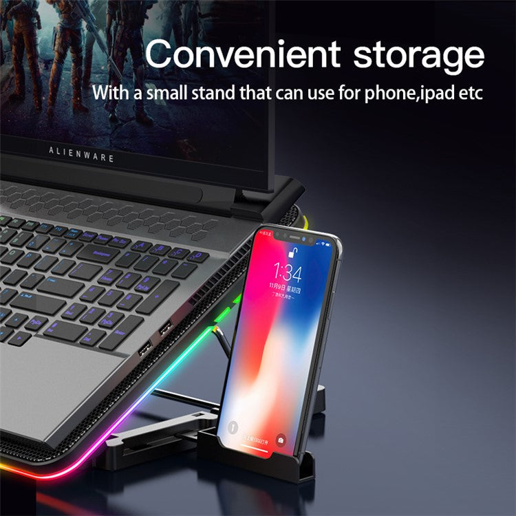 COOLCOLD F5 15.6-inch Laptop Cooling Base RGB Light Height Adjustable Notebook Cooler Stand with 2 USB Ports - Black  /  Blue