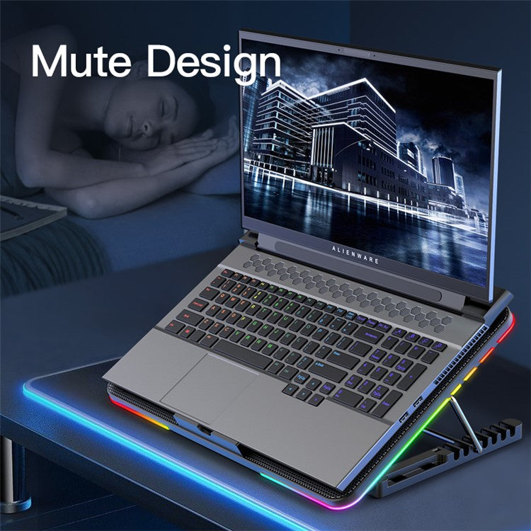 COOLCOLD F5 15.6-inch Laptop Cooling Base RGB Light Height Adjustable Notebook Cooler Stand with 2 USB Ports - Black  /  Blue