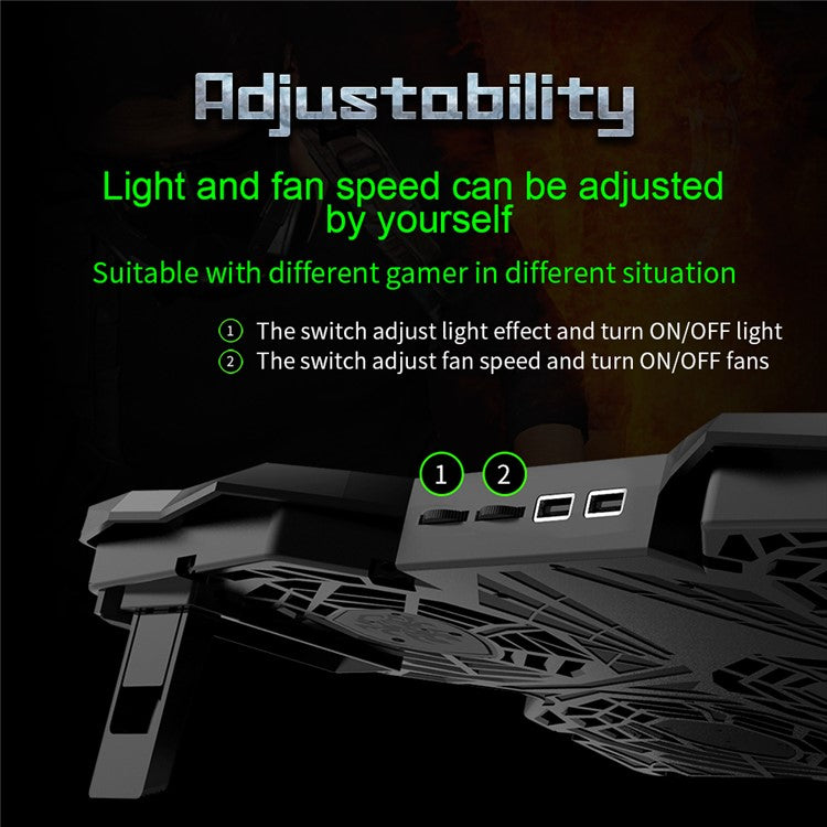 COOLCOLD Laptop Cooling Base with 5 Fans + 2 USB Ports Gaming Notebook Cooler Stand - Black+Green