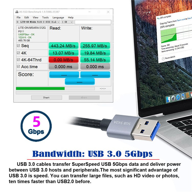 U3-075-AF 0.3m USB 3.0 Male to USB 3.0 Female Extension Cord 5Gbps Disk SSD Camera Data Cable (Silver Shell)