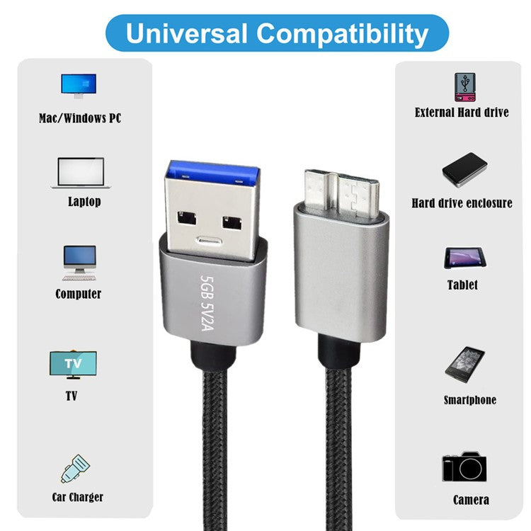 JUNSUNMAY 0.3m USB-A 3.0 Male to Micro-B Male Nylon Cord Hard Drive Camera Data Cable