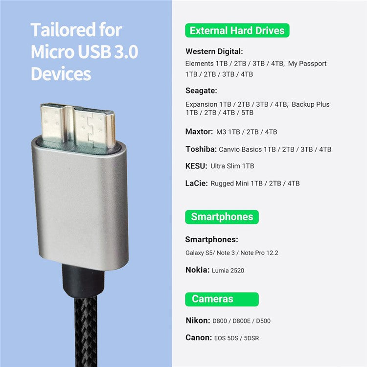 JUNSUNMAY 0.3m USB-A 3.0 Male to Micro-B Male Nylon Cord Hard Drive Camera Data Cable