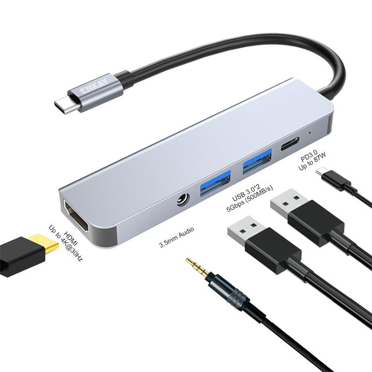 ENKAY HAT PRINCE 5-in-1 USB-C Hub Docking Station Type-C to HD 4K Dual USB3.0 3.5mm Audio Jack PD 60W Fast Charging