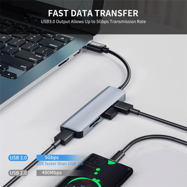 ENKAY HAT PRINCE 5-in-1 USB Hub  Multi-Port Adapter Converter to USB3.0 + 2xUSB2.0 + SD / TF Card Reader for Extended Monitor PC Laptop Desktop