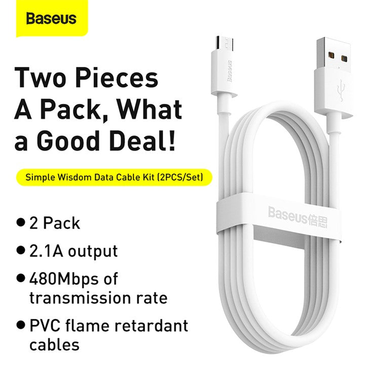[2PCS/Set]BASEUS Simple Wisdom Data Cable Kit USB to Micro 2.1A, 1.5m