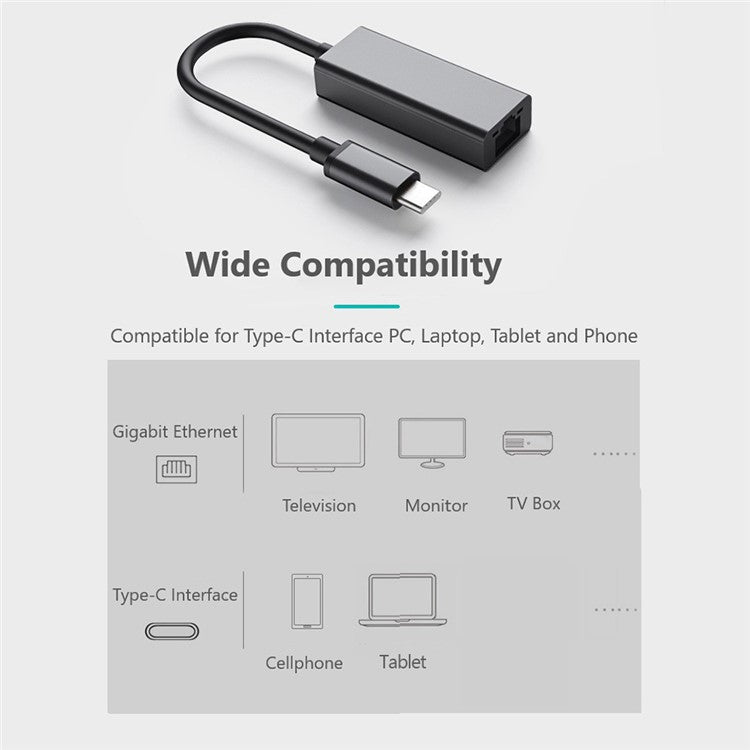 0352B 1000Mbps Type-C to RJ45 Lan Adapter Ethernet Network Card with LED Indicator - Grey