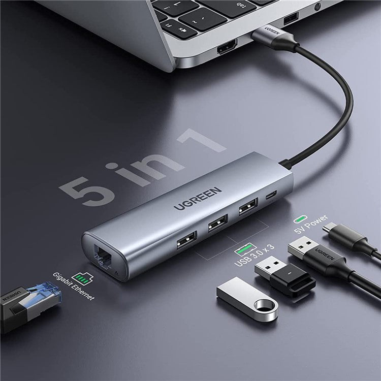 UGREEN 20915 USB Hub 3-Port USB 3.0 Hub 5V Power Port with RJ45 10/100/1000 Gigabit Ethernet Adapter Converter LAN Wired USB Network Adapter