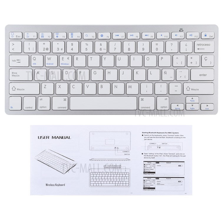 Ultra-Slim Wireless Bluetooth Keyboard (Spanish Language) for Android Windows iOS - Silver