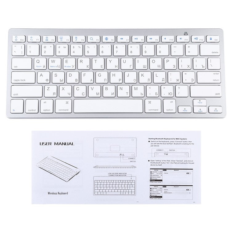 Ultra-Slim Wireless Bluetooth Keyboard (Russian Language) for Android Windows iOS - Silver