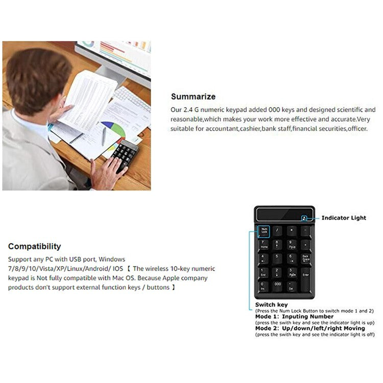 2.4G Wireless Mini Numeric Keyboard Suspended Mechanical Keyboard 19-key Mini Accounting Banking Keypad