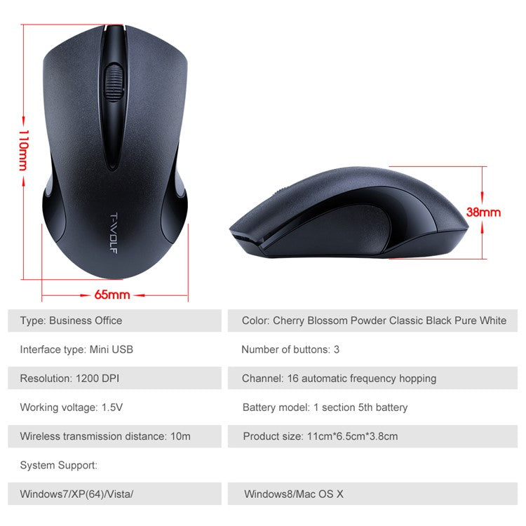 T-WOLF Q2 Portable Computer Mice for PC Notebook Laptop Wireless Mouse - Black