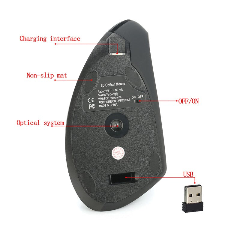HXSJ T22 Wireless Mouse Ergonomic Optical 2.4G 2400DPI Gaming Mouse with USB Receiver - Black