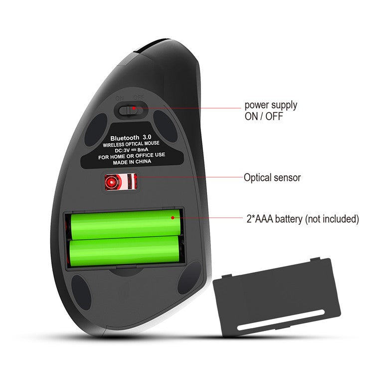 HXSJ T29 Bluetooth Wireless Vertical Ergonomic Optical Mouse Adjustable DPI Laptop Mice - Black
