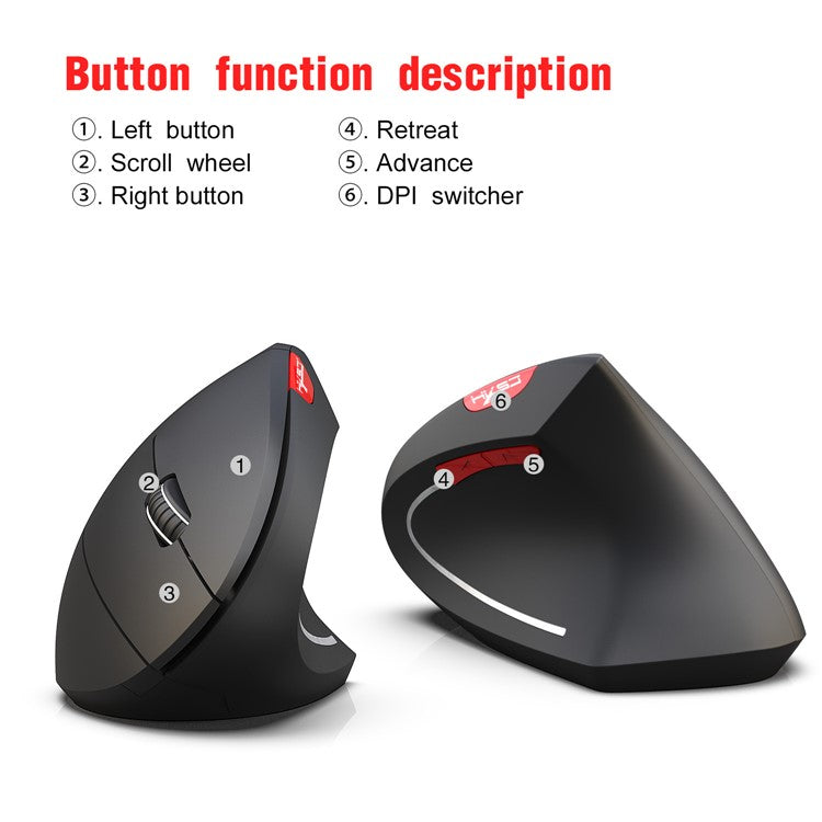 HXSJ T29 Bluetooth Wireless Vertical Ergonomic Optical Mouse Adjustable DPI Laptop Mice - Black