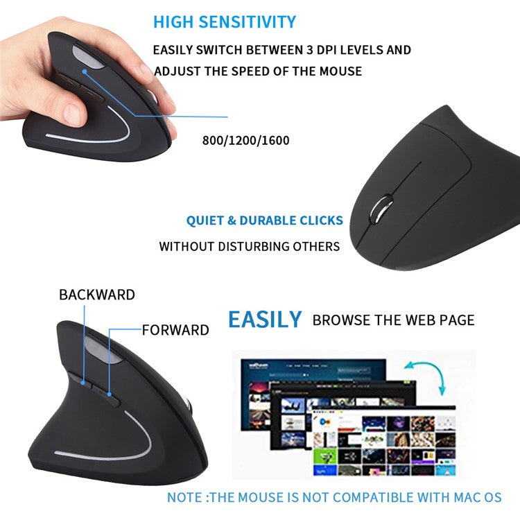 USB Charging Left Hand Vertical Wireless Mouse 800/1200/1600 DPI Gaming Mice for Laptop PC