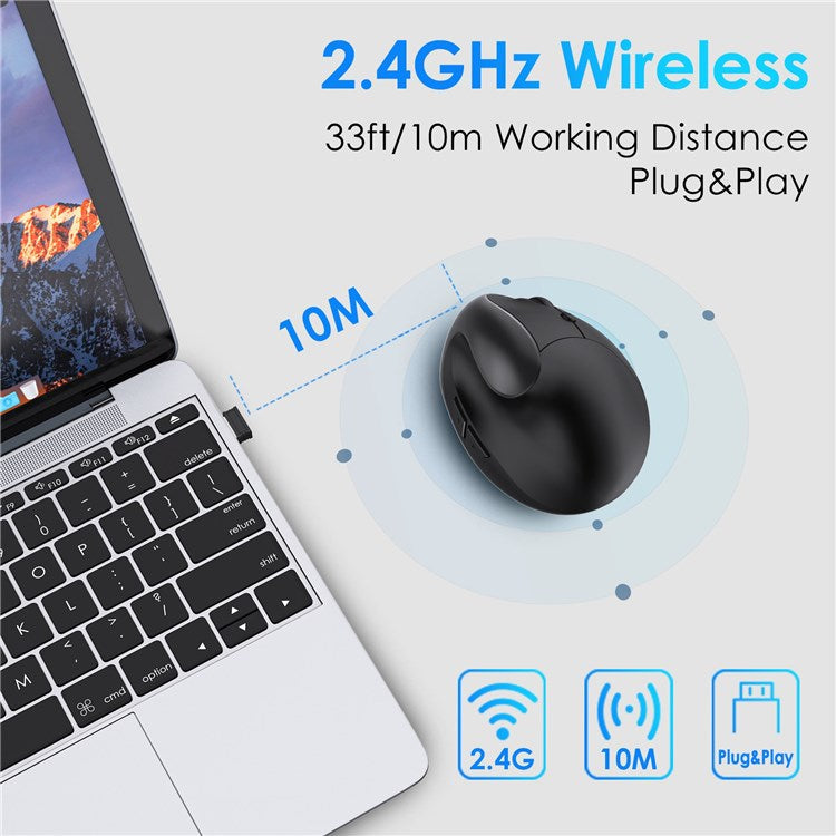 E11 2.4G Wireless Mouse Portable Vertical Ergonomic Mouse with 6 Keys/3 Adjustable DPI (Dry Battery Version) - Black