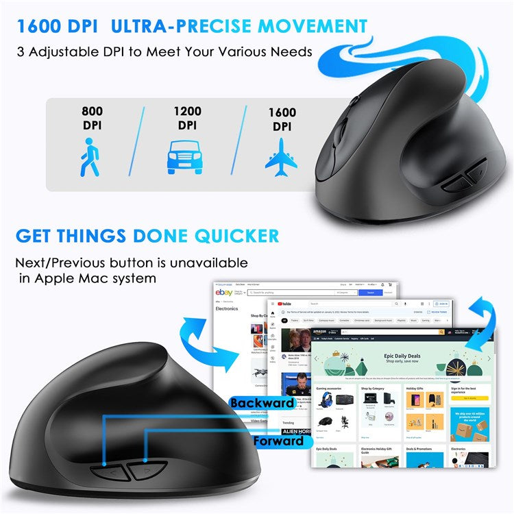 E11 2.4G Wireless Mouse Portable Vertical Ergonomic Mouse with 6 Keys/3 Adjustable DPI (Dry Battery Version) - Black
