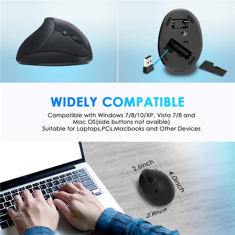E11 2.4G Wireless Mouse Portable Vertical Ergonomic Mouse with 6 Keys/3 Adjustable DPI (Dry Battery Version) - Black
