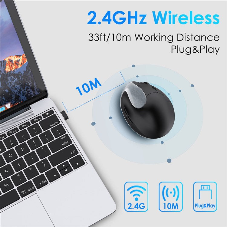 E11 2.4G Wireless Mouse Portable Vertical Ergonomic Mouse with 6 Keys/3 Adjustable DPI (Dry Battery Version) - Silver