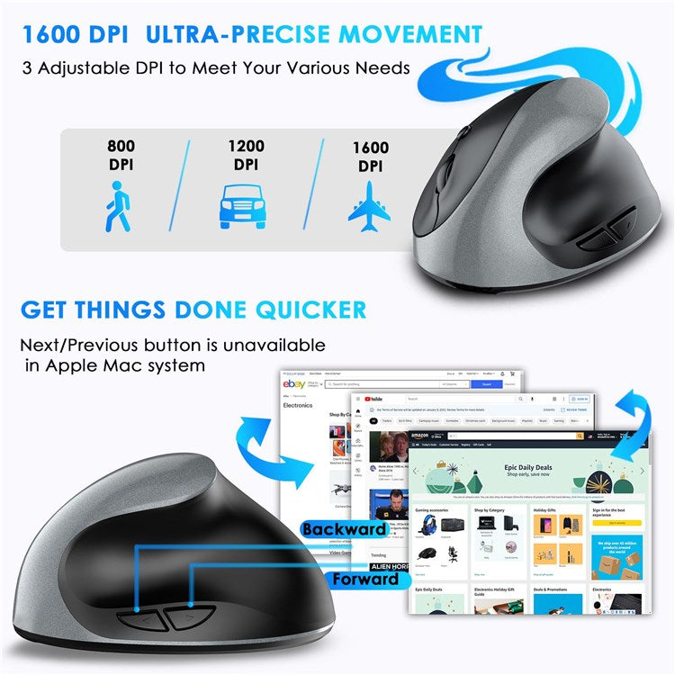 E11 2.4G Wireless Mouse Portable Vertical Ergonomic Mouse with 6 Keys/3 Adjustable DPI (Dry Battery Version) - Silver
