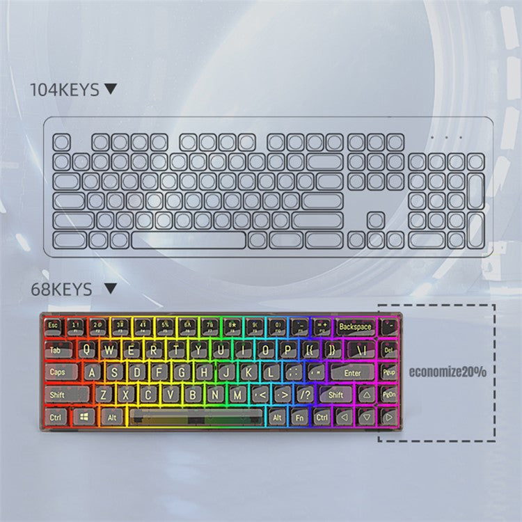 Y-FRUITFUL K60 68 Keys Type-C Wired Mechanical Keyboard RGB Light Transparent Keycaps Gaming Keyboard - Transparent Black+Blue Switch
