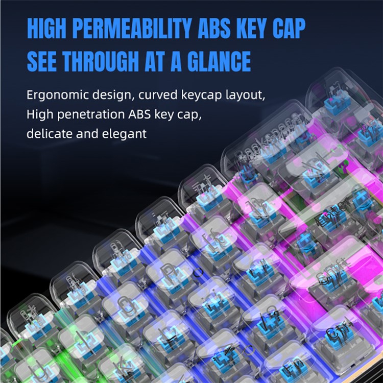 Y-FRUITFUL K60 68 Keys Type-C Wired Mechanical Keyboard RGB Light Transparent Keycaps Gaming Keyboard - Transparent Black+Blue Switch