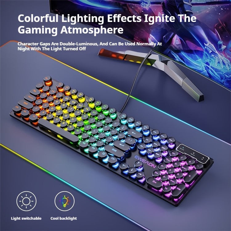 EWEADN GX30 Retro Punk Computer Laptop Keyboard USB Wired Backlit Gaming Keyboard - Black / Rainbow Light