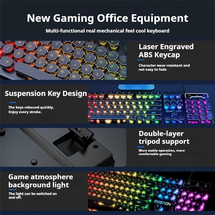 EWEADN GX30 Retro Punk Computer Laptop Keyboard USB Wired Backlit Gaming Keyboard - Black / Rainbow Light