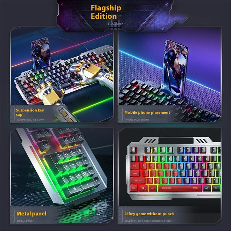INPHIC K2 104-Key Wired Gaming Keyboard Metal Panel Mechanical Keyboard with 7 Color Backlit