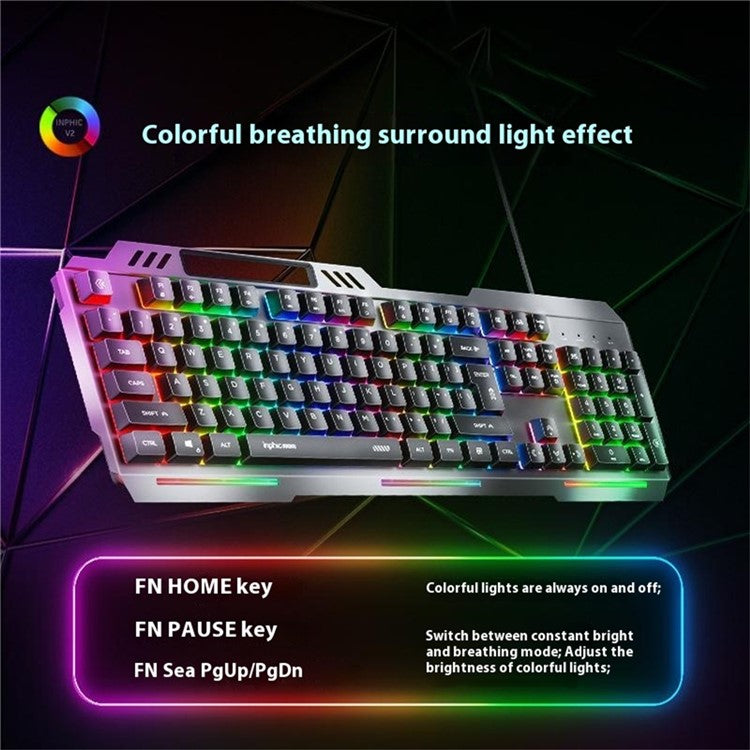 INPHIC K2 104-Key Wired Gaming Keyboard Metal Panel Mechanical Keyboard with 7 Color Backlit