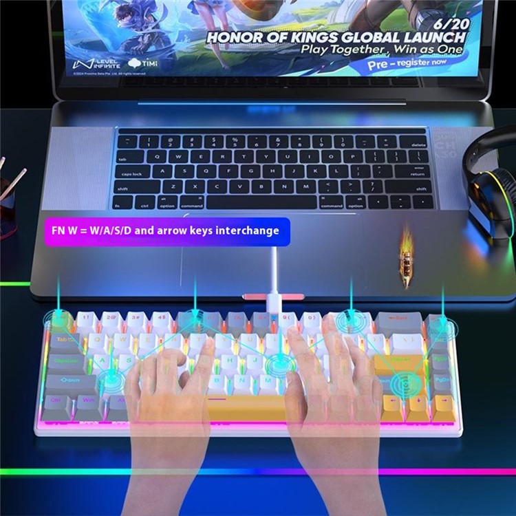 Y-FRUITFUL K68 Color Splicing Wired Keyboard 68-Key RGB Backlit Computer Office Gaming Keyboard - White+Blue