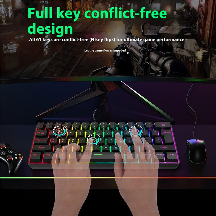 Y-FRUITFUL K401 Wired Keyboard 61-Key RGB Backlit Computer Office Gaming Keyboard