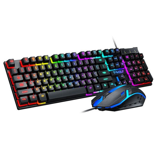 T-WOLF TF200 Gaming Keyboard USB Floating Manipulator Feel Wired Gaming Keyboard and Mouse Set - Black