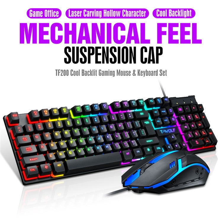 T-WOLF TF200 Gaming Keyboard USB Floating Manipulator Feel Wired Gaming Keyboard and Mouse Set - Black