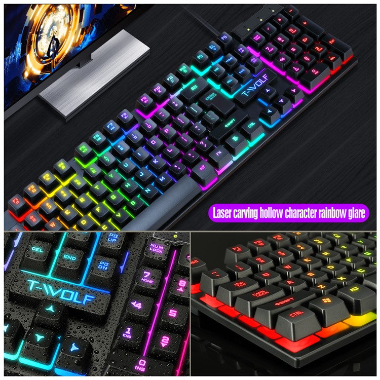 T-WOLF TF200 Gaming Keyboard USB Floating Manipulator Feel Wired Gaming Keyboard and Mouse Set - Black