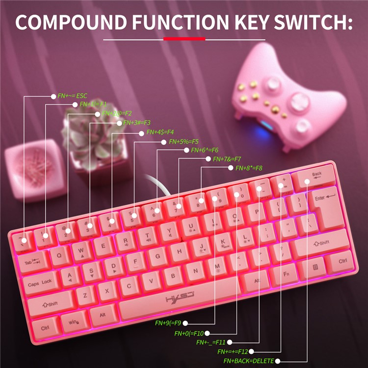 HXSJ V700 61 Keys USB Wired Gaming Keyboard with Colorful Backlight for Computer Desktop Laptop PC - Pink