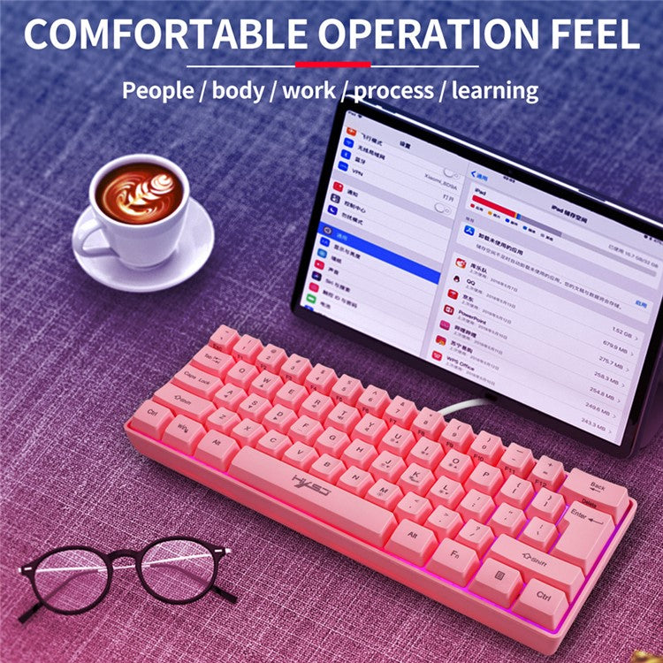 HXSJ V700 61 Keys USB Wired Gaming Keyboard with Colorful Backlight for Computer Desktop Laptop PC - Pink